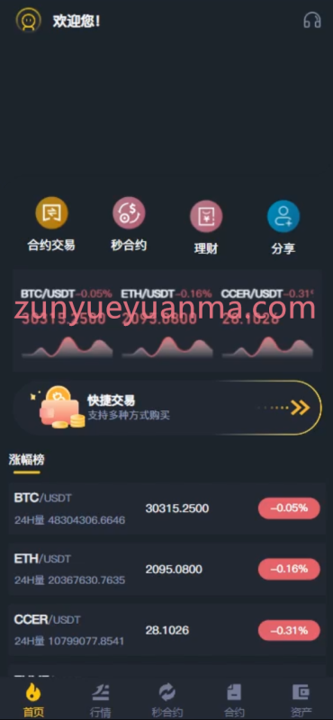 【商业收费源码】多语言交易所/日夜双色/币币交易/秒合约/理财/带开源工程下载-尊悦源码